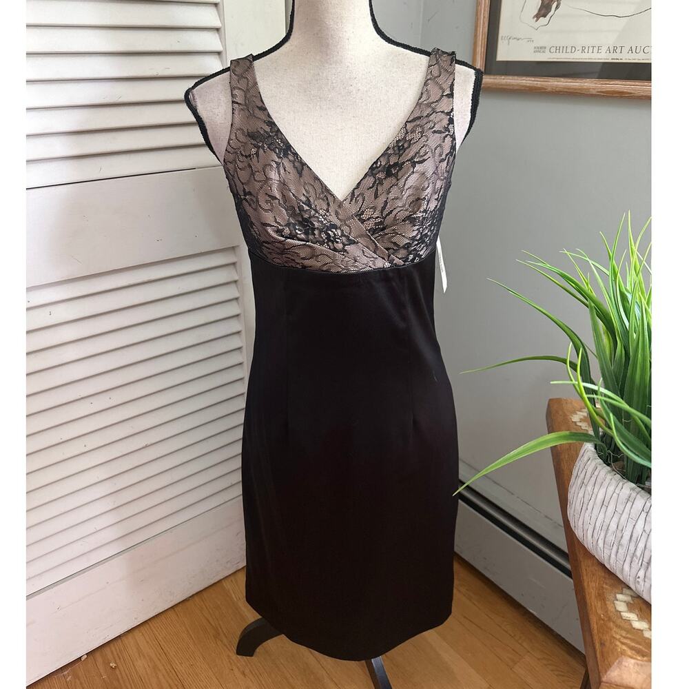 Allen B Dress Womens 4 Black Lace Nude Cocktail Satin Classic Evening Wedding